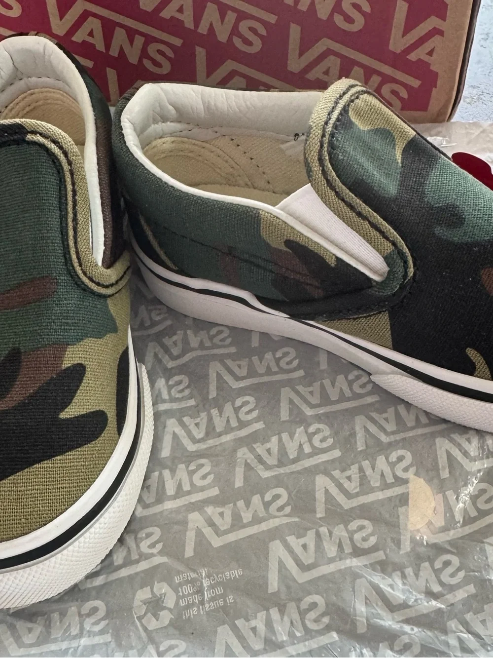 Vans Kids Camo Slip-On Sneakers in Green and Brown